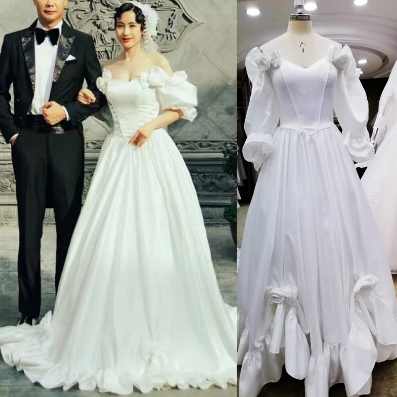 #3069  REAL PHOTOS A-Line  Elegant Princess Floral V-Neck Long Sleeve Satin Pleat Bride Floor Length Wedding Dress Bridal Gown