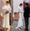 #1326 Vintage Ivory High Low Long Sleeve Satin O-Neck Sheath Wedding Dress Tea Length Bridal Gown Simple Evening Dress