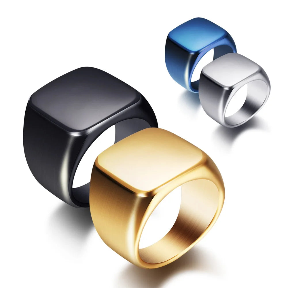 Wholesale Cheap Stainless Steel Men's Square Signet Finger Band Ring Anniversary Gold Silver Black Blue Blank Jewelry Parties